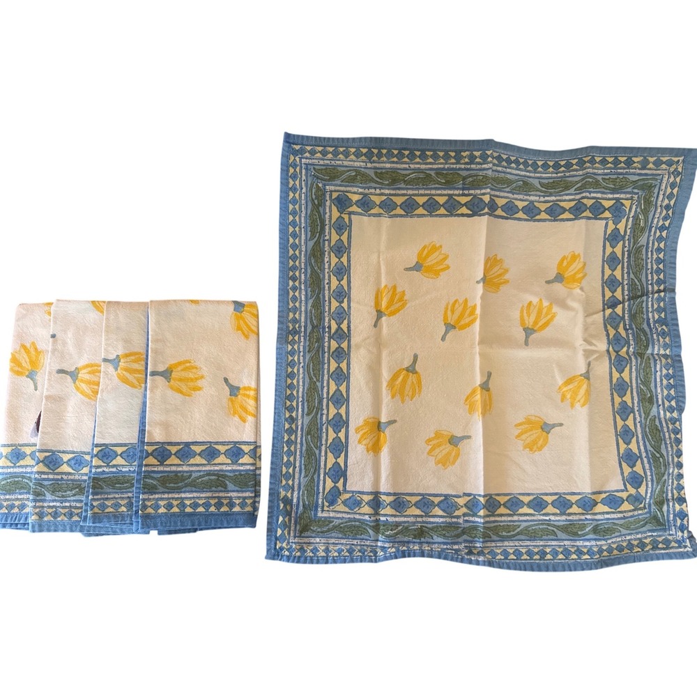 Couleur Nature Paris Yellow Floral Blue Border Cotton Napkins Set of 4 19x19